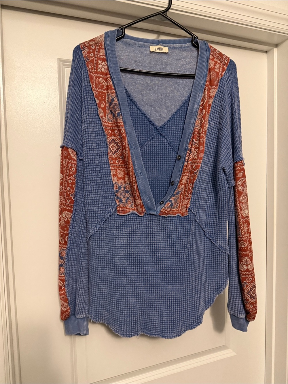 I·HER Blue Waffle Knit Henley with Rust Bandana Trim